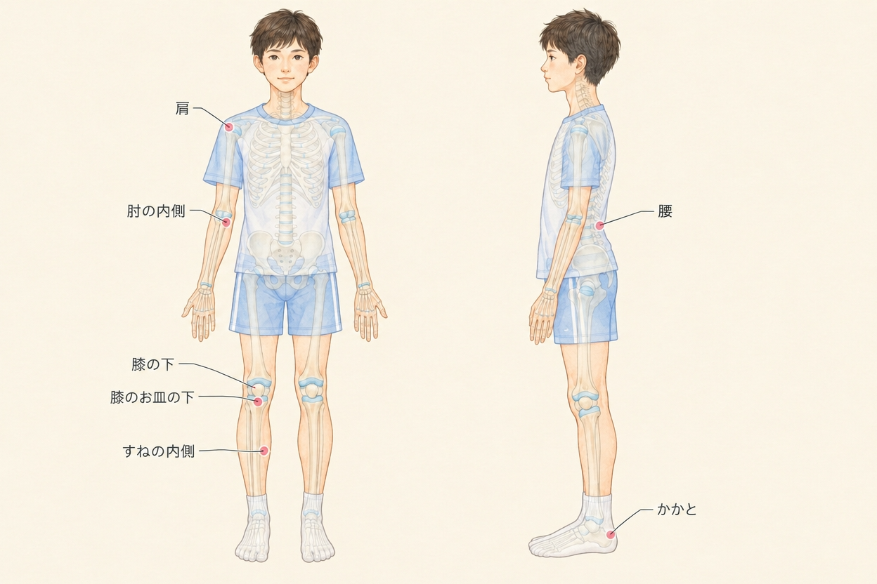 成長期の子どもに痛みが出やすい部位（膝下の脛骨粗面・かかと・すね内側・肘内側・腰）を示した解剖図