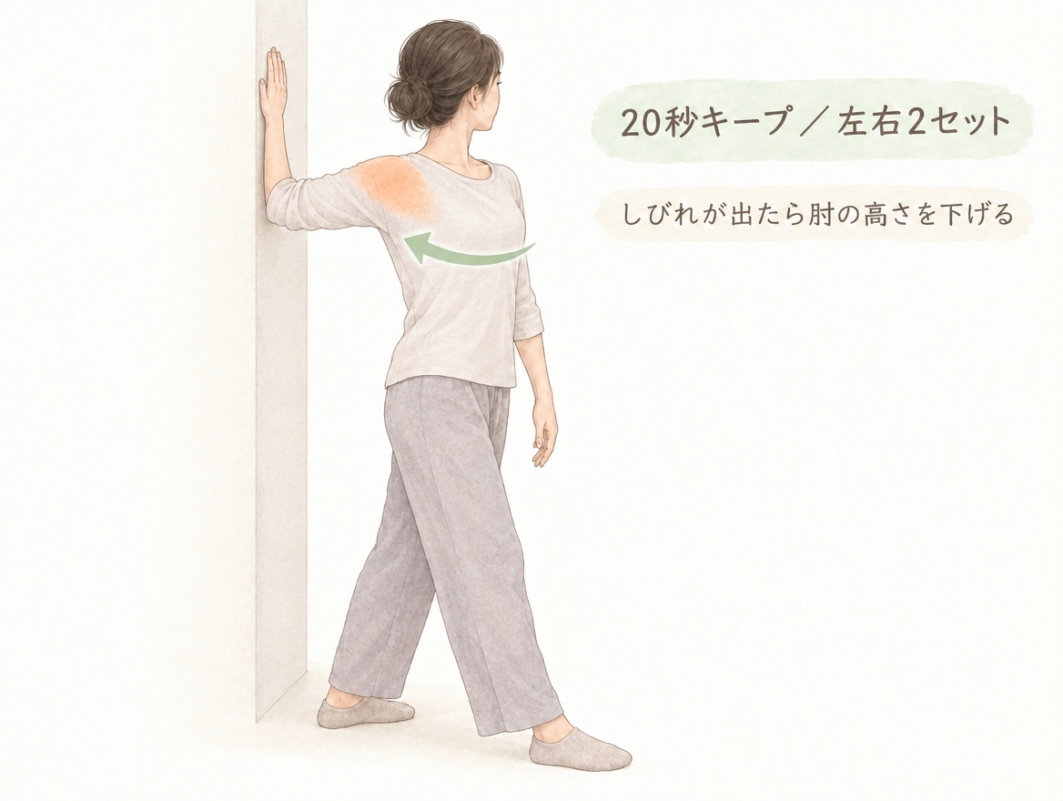 壁の角に前腕を当て、体をゆっくり反対側へ回して肩の前側を伸ばすストレッチの手順図