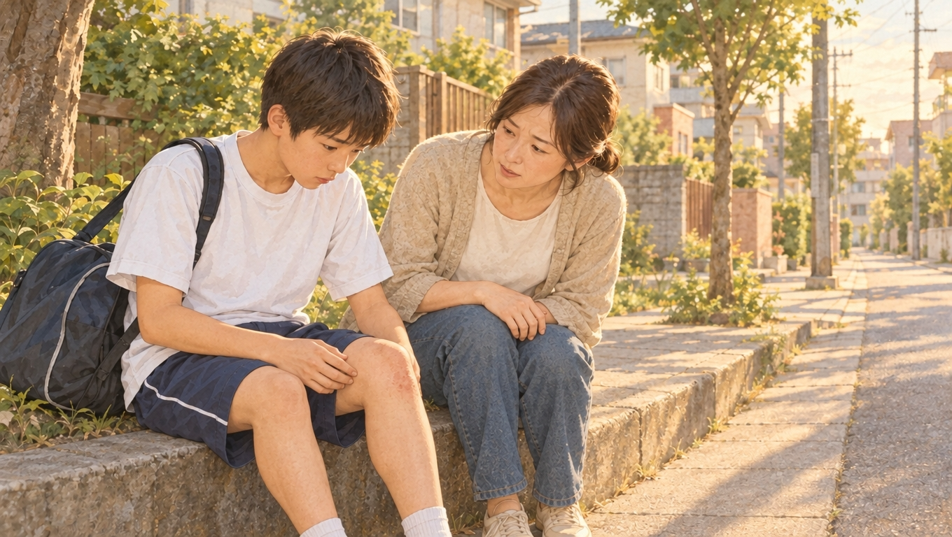 部活帰りに膝下の痛みを気にする中学生と、付き添って様子を見る母親