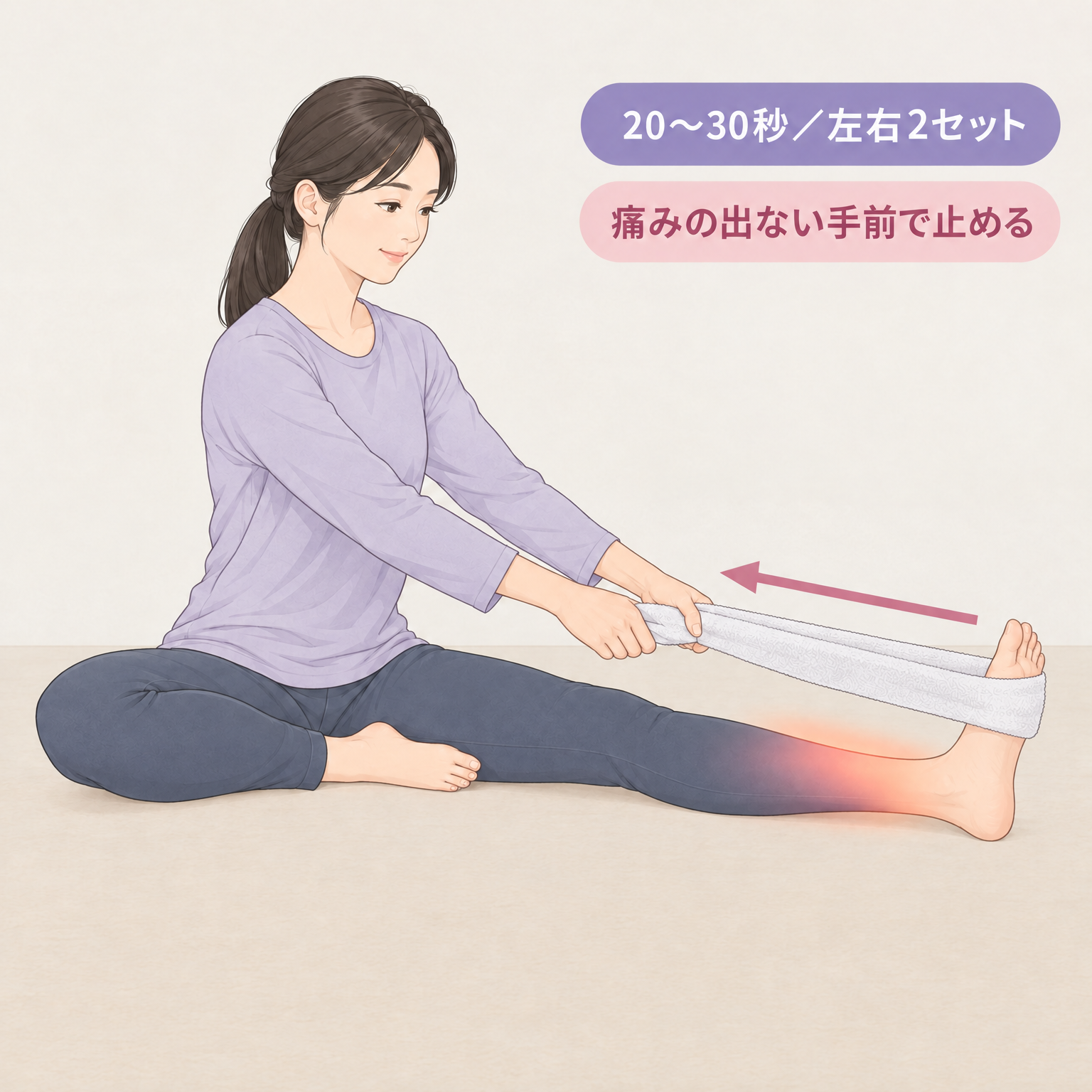 床に座った30代女性がタオルを足先にかけて足首を手前に引き寄せるストレッチの手順がわかる説明図
