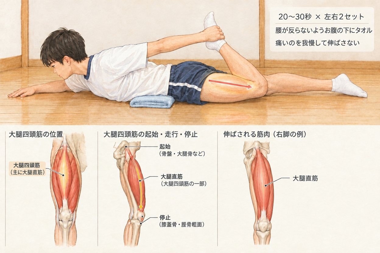 うつ伏せで足首を持ち、お腹の下にタオルを入れて腰を浮かせずに太もも前側を伸ばすストレッチの図解