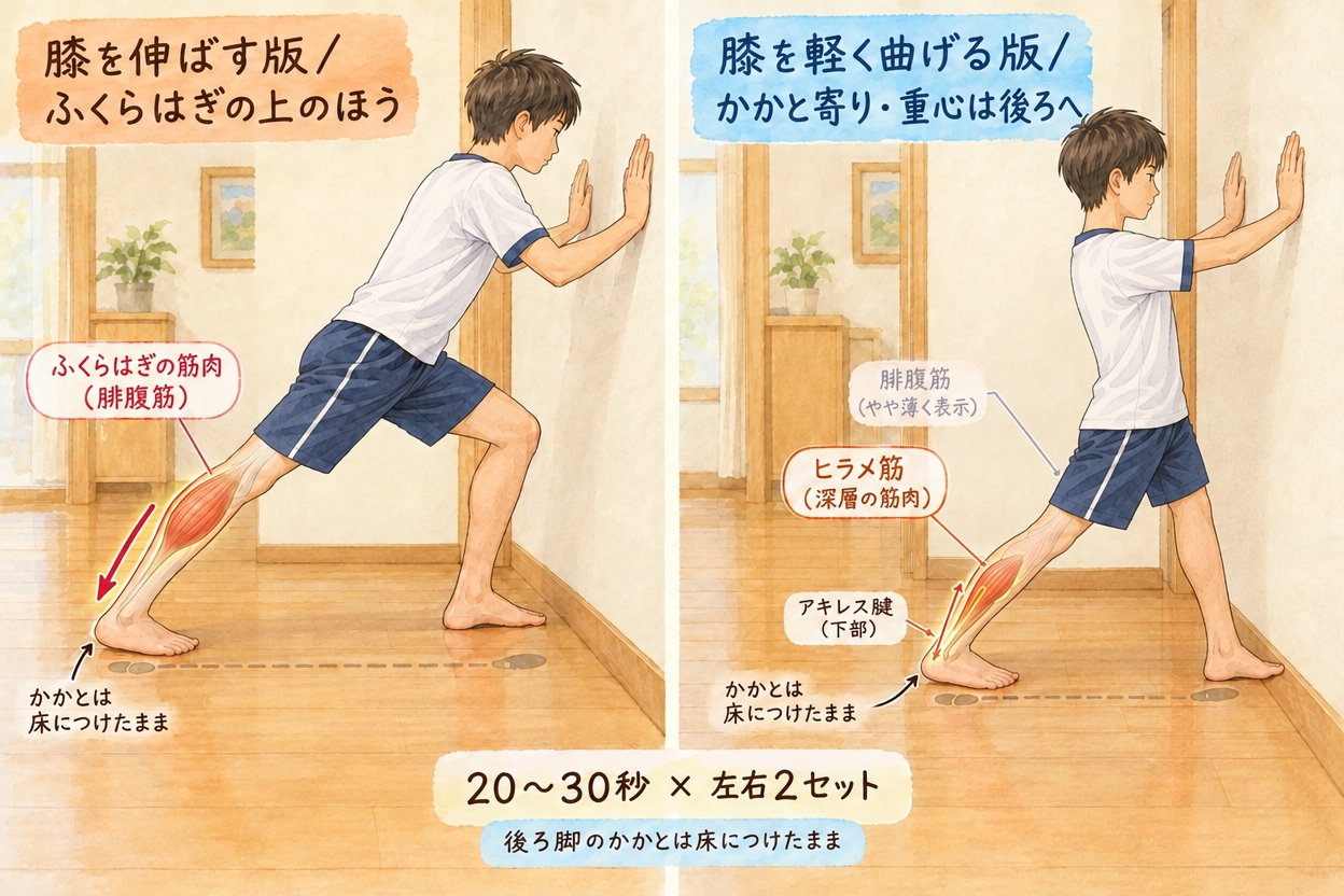 壁に手をつき、後ろ脚のかかとを床につけたままふくらはぎを伸ばすストレッチの図解