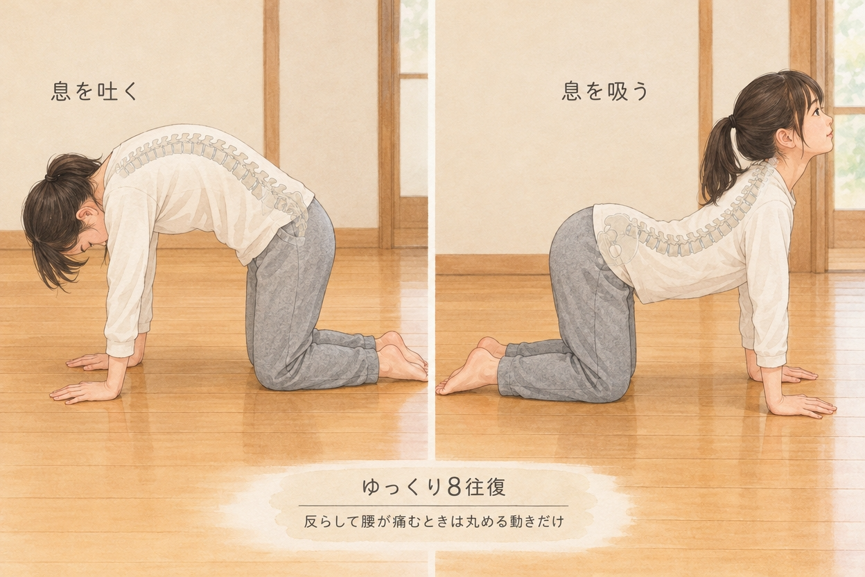 四つ這いで背中を丸めたりそらしたりして腰まわりの動きを整えるストレッチの図解
