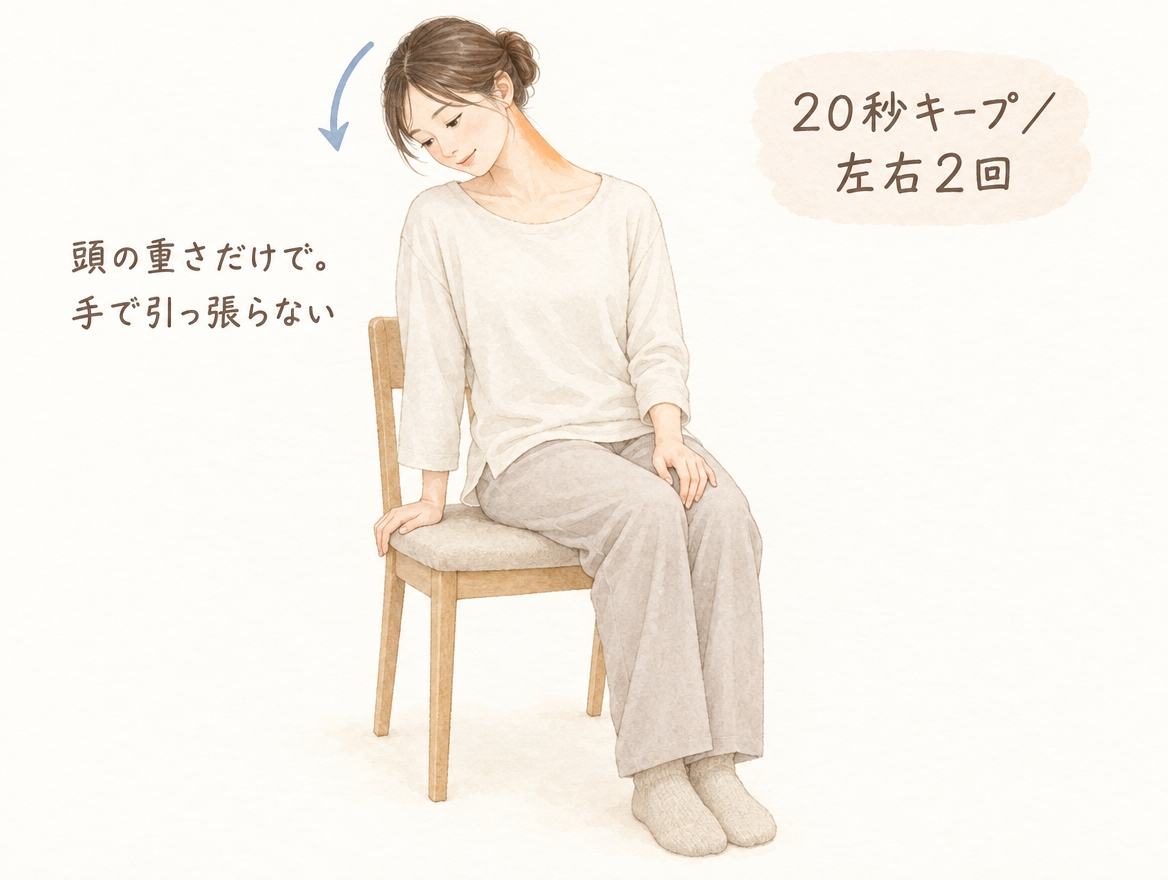 椅子に座り、首を斜め前方向へゆっくり倒して首の横を伸ばすストレッチの手順図