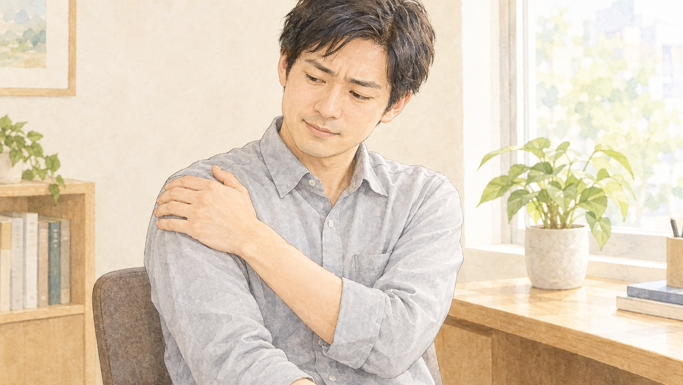 足立区新田のあやの整骨院で、首から肩・腕にかけての痛みとしびれについて相談する30代デスクワークの方